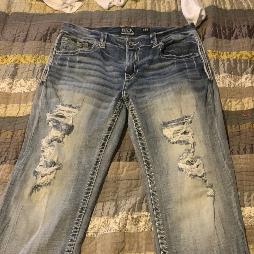 Mens light wash Bucks black jeans